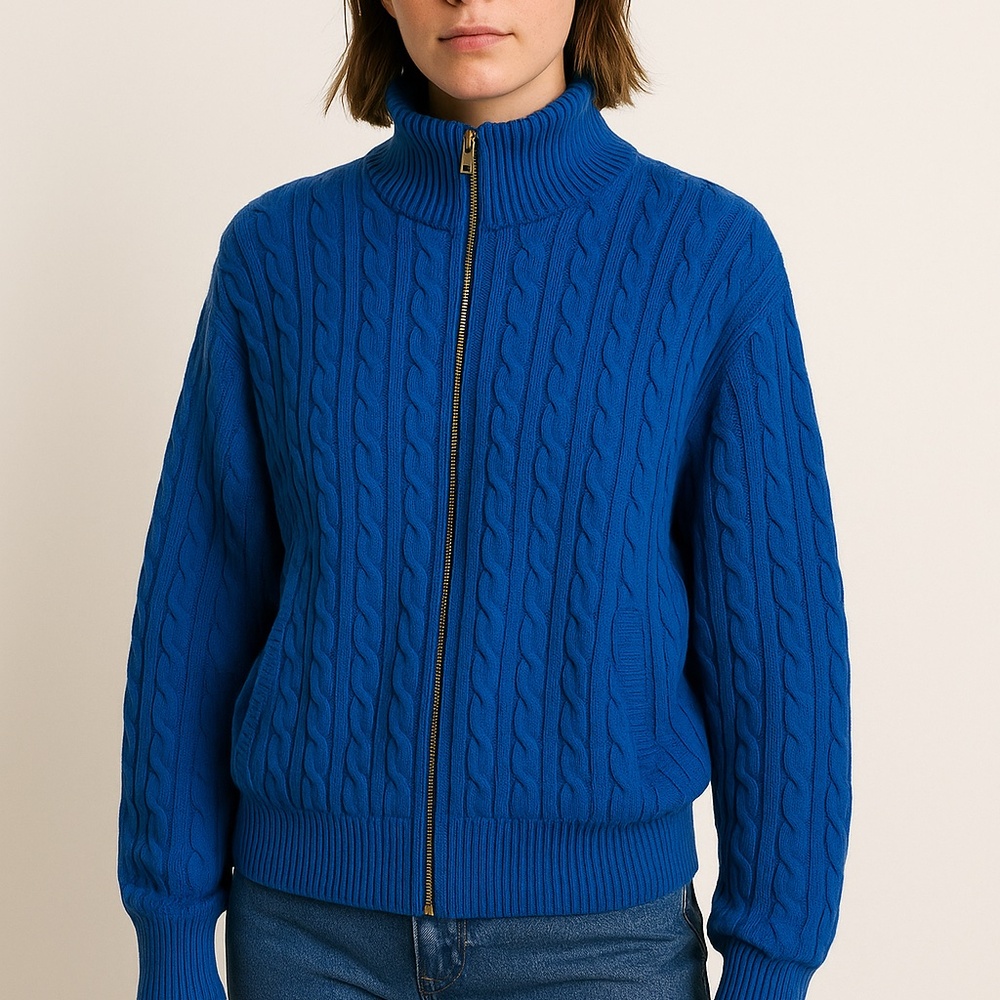 Women’s Blue Cable Knit Zip Up Sweater Jacket Small | The Bubble |